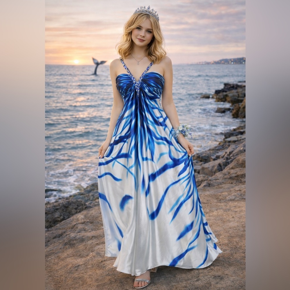 Cache Blue White Patterned Maxi Dress Sequin Halter Mermaidcore Fairycore Prom